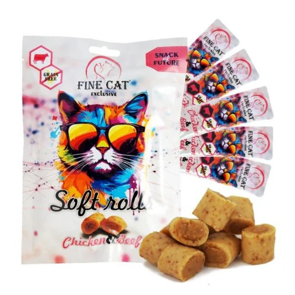 Fine Cat פיין קט מיני רולים רכים לחתול בטעם עוף ובקר - 50 גרם (5X10 גרם)