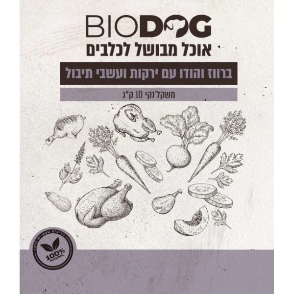 ביודוג מזון טבעי לכלבים 100% ברווז הודו ירקות ועשבי תיבול - 10 ק"ג